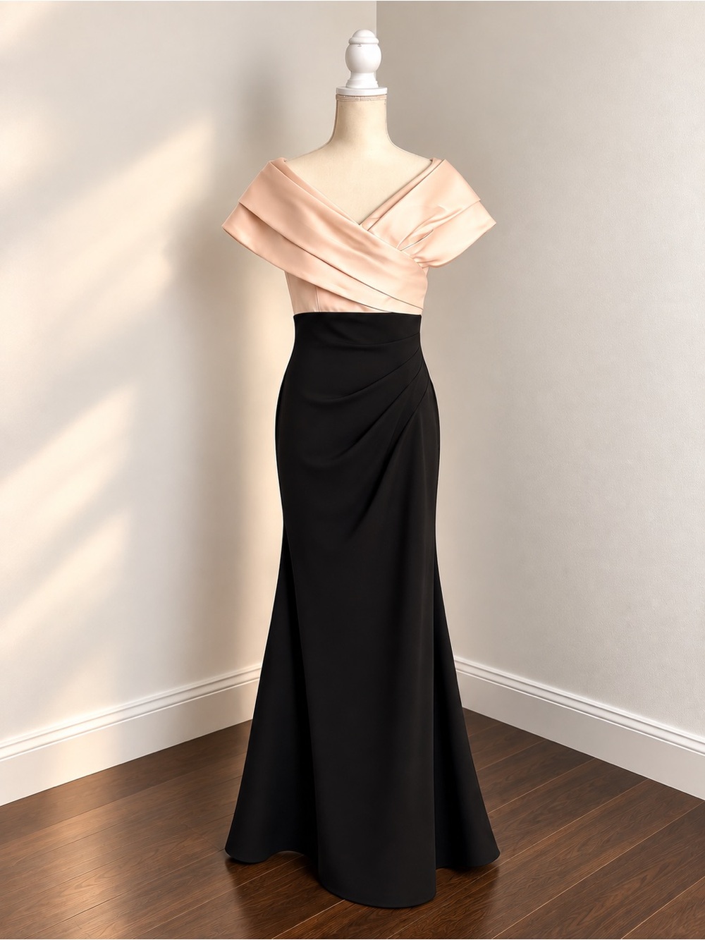 Betsy & Adam Two-Tone Maxi Gown in cream and Black